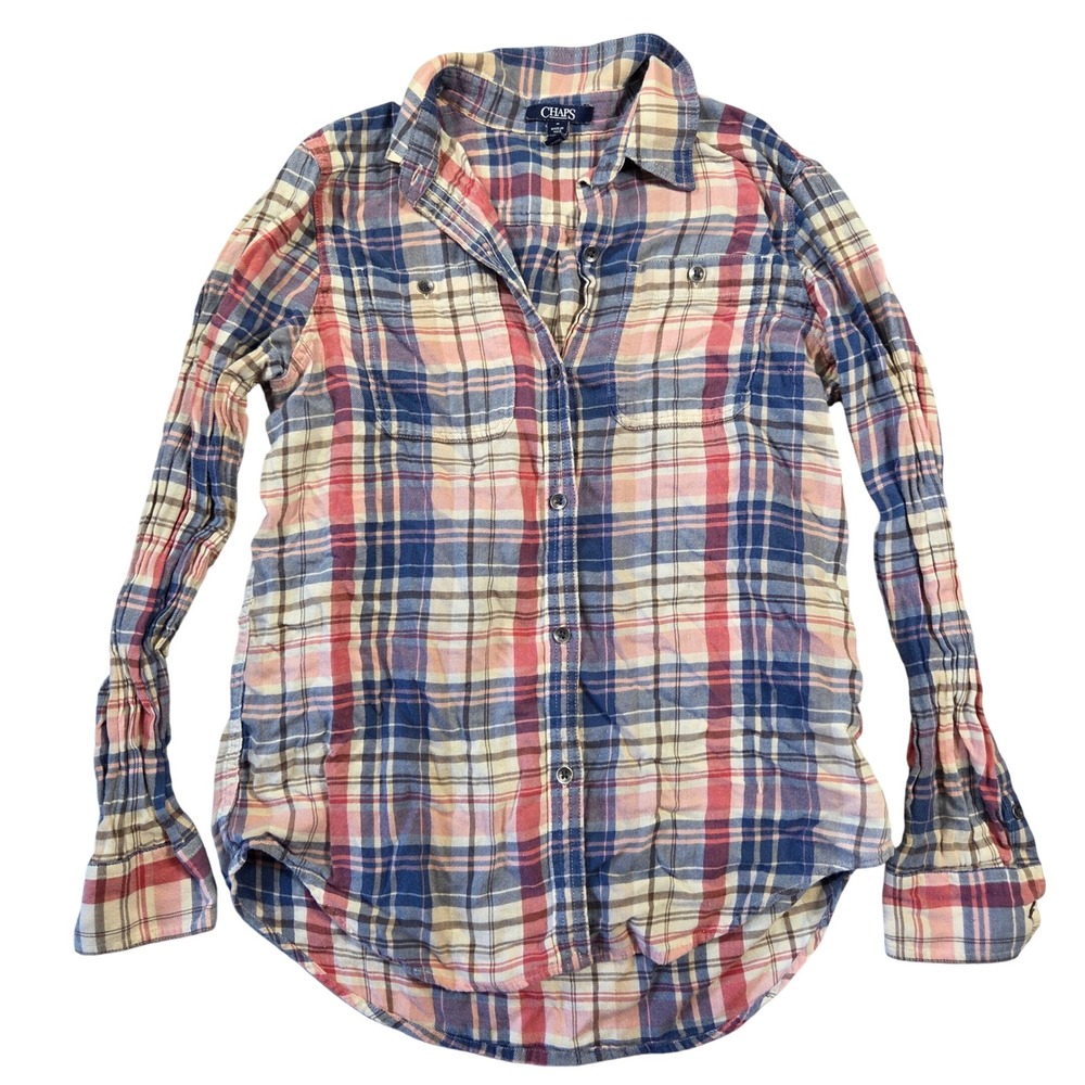 Chaps Womens Plaid Button Down Shirt Blue Pink Long Sleeve Size M‎ Regular Fit